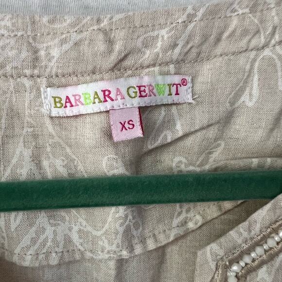 Barbara Gerwit Tan/White Linen Coral Pattern 3/4 Sleeve Tunic Top - Picture 4 of 7